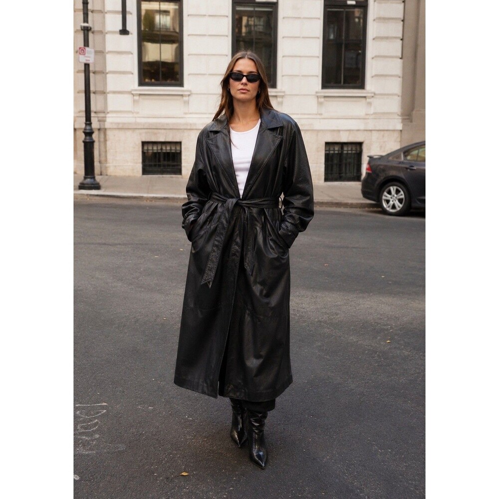 VTG Siena Studio Black Leather Maxi Trench Coat  Oversized Thinsulate Lined 90s